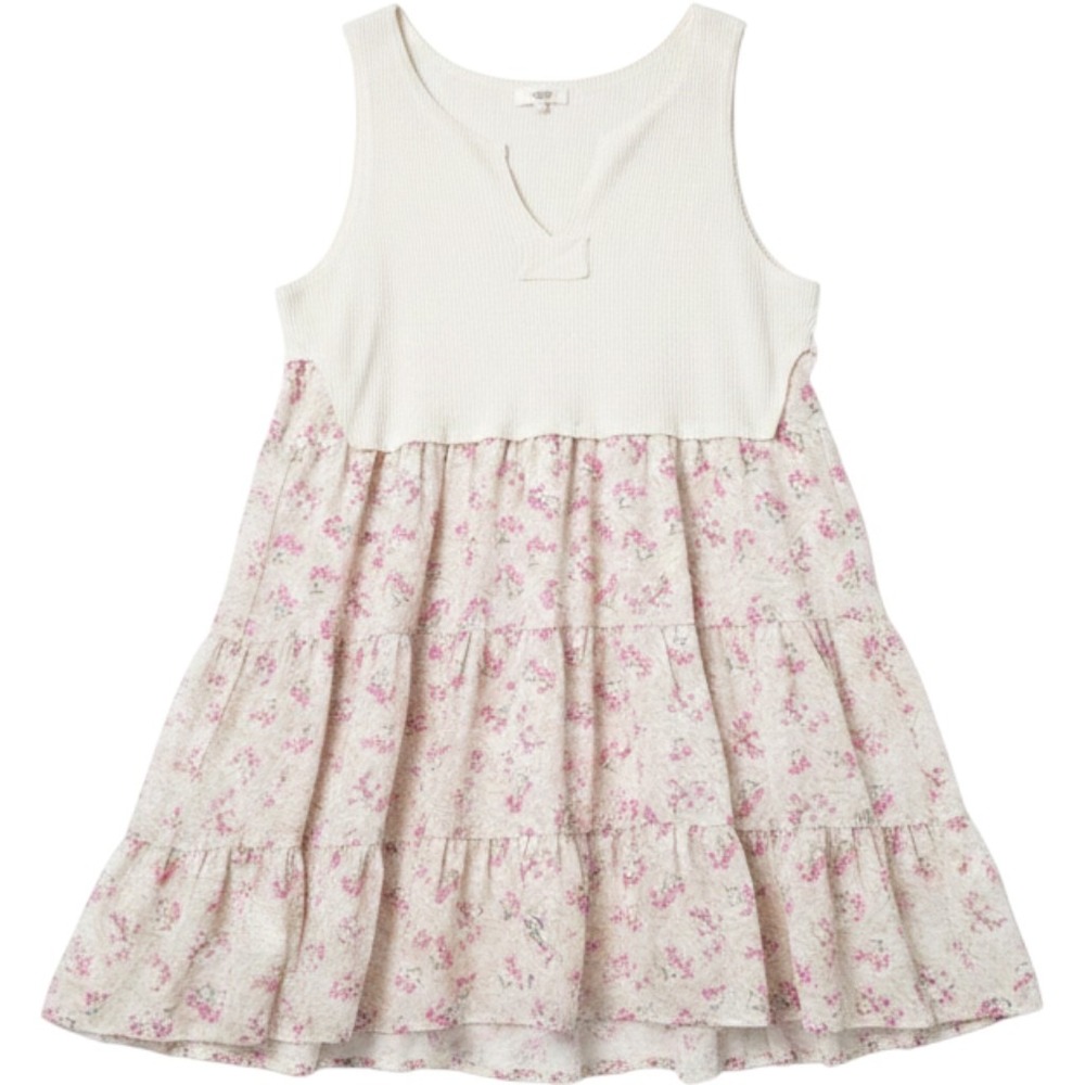 Entro Mini Dress M Cream Pink Floral Waffle Knit Tiered Mixed Media Cottagecore
